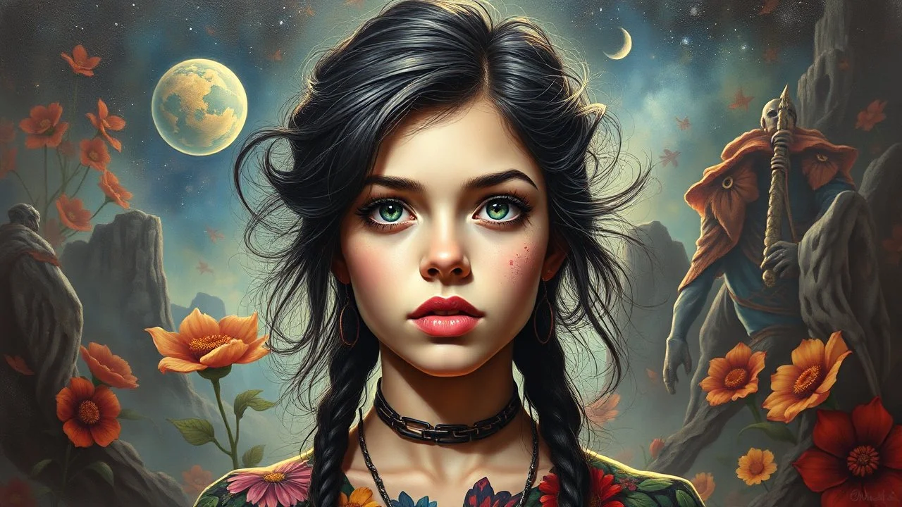 beautiful girl ,mugshot, Planet of the Vulcans, multicolored, large, floral designs, atmospheric, beautiful, oil painting by Frank Frazetta, 4k UHD, Photorealistic, professional quality