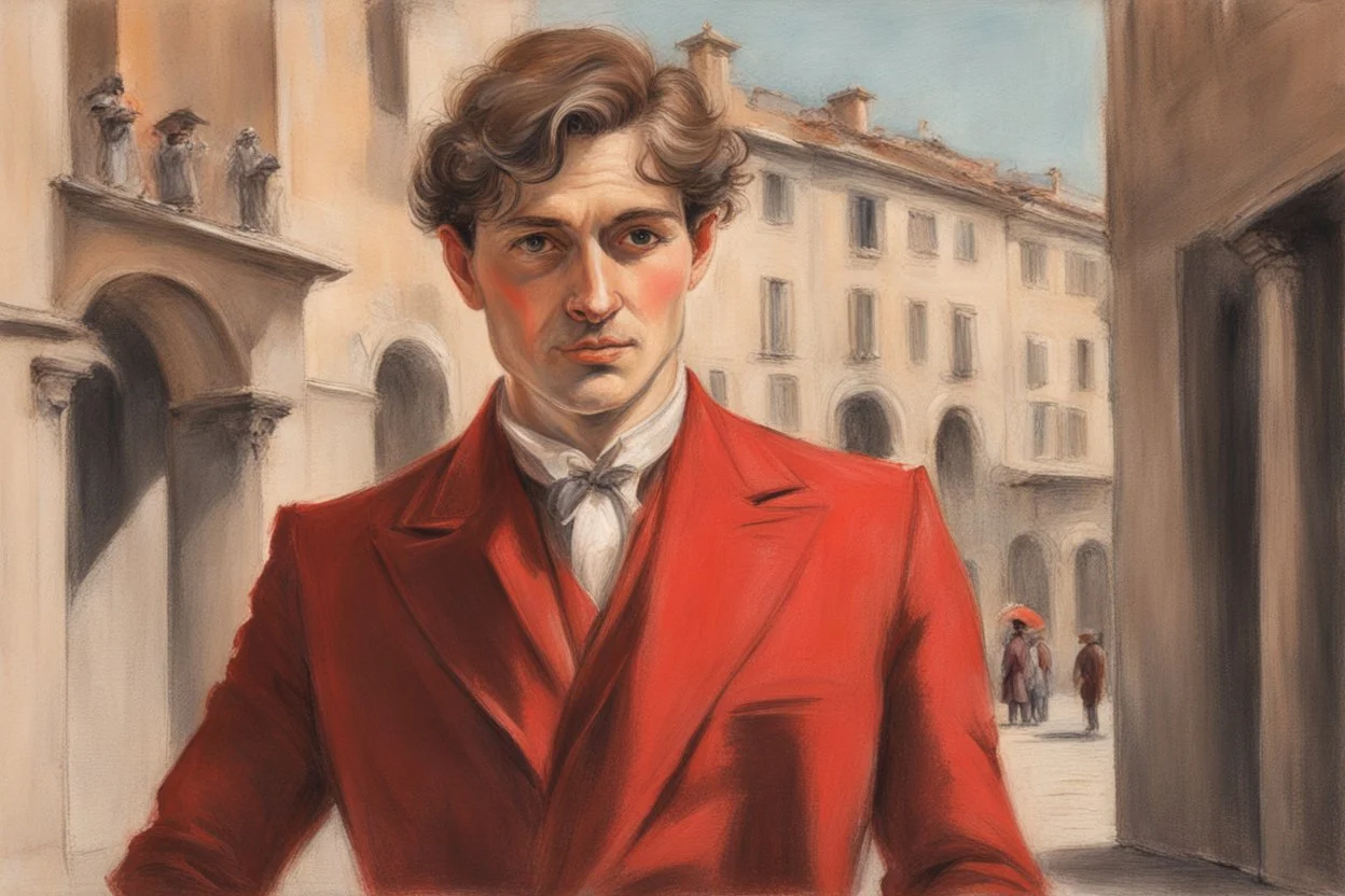 elegant brown haired man in firenze in red costume in sunshine, shading pastel and charcoal