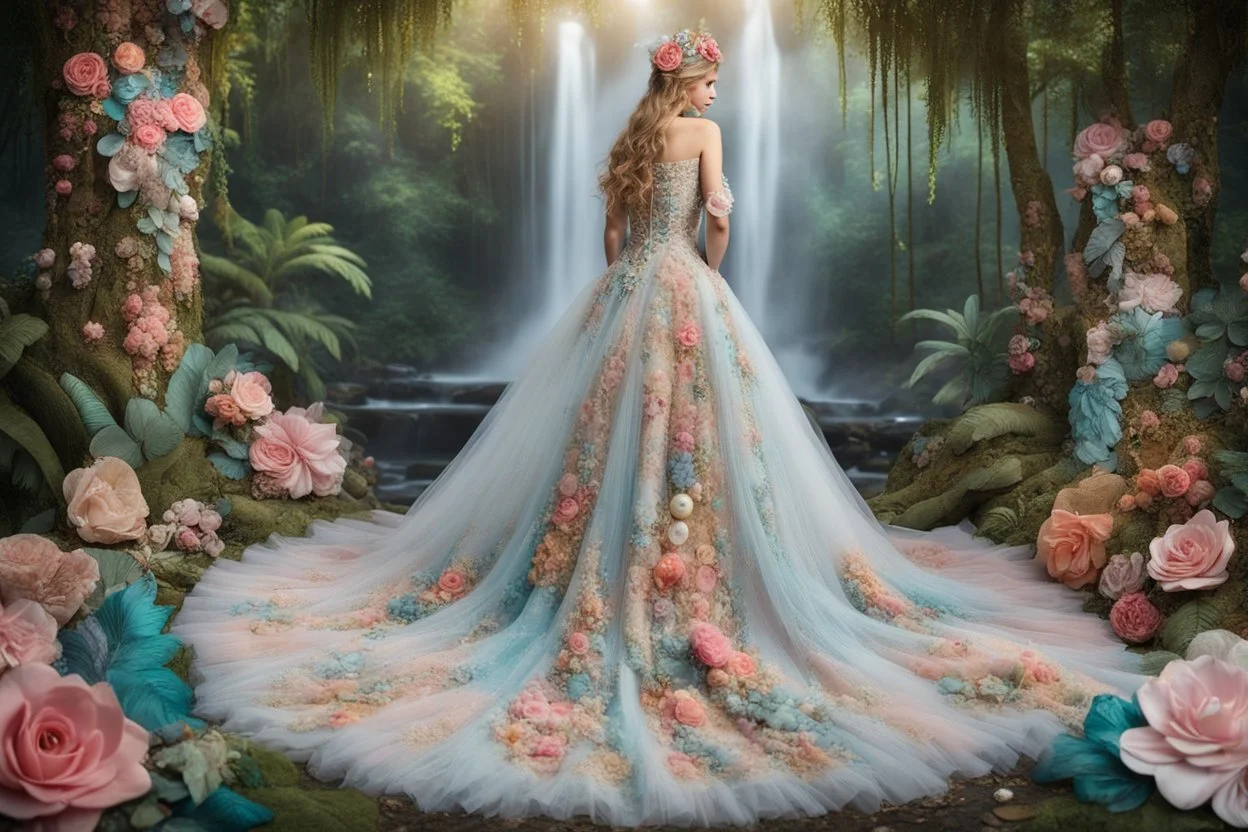 A beautiful fairytale magical composition of a rainforest with a waterfall, a masterpiece, patchwork-like, made of different materials: tulle embroidered with precious stones, lace and real pearls, silk, velvet, burlap, faux fur with leopard print. Unicorn, flowers