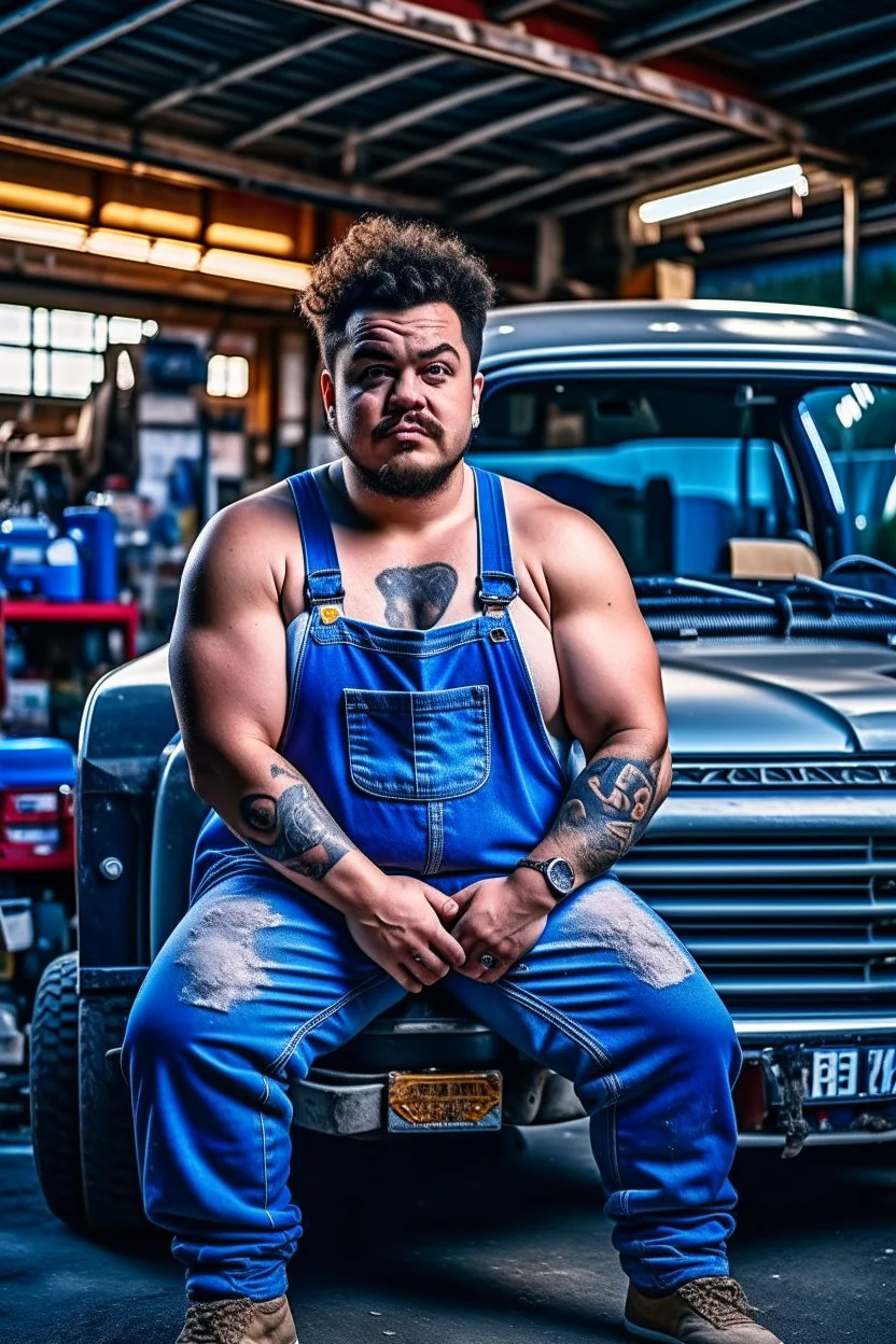 full figure shot photography of a short ugly hefty burly dirty chubby hairy angry man italian 26 years old, short curly hair, shirtless, tattoo, manly chest with bulging opened overalls, angry eyes, inside a mechanical workshop under the sun sitting on the hood of a car, open legs, photorealistic, ambient occlusion, side light , frontal view from the floor