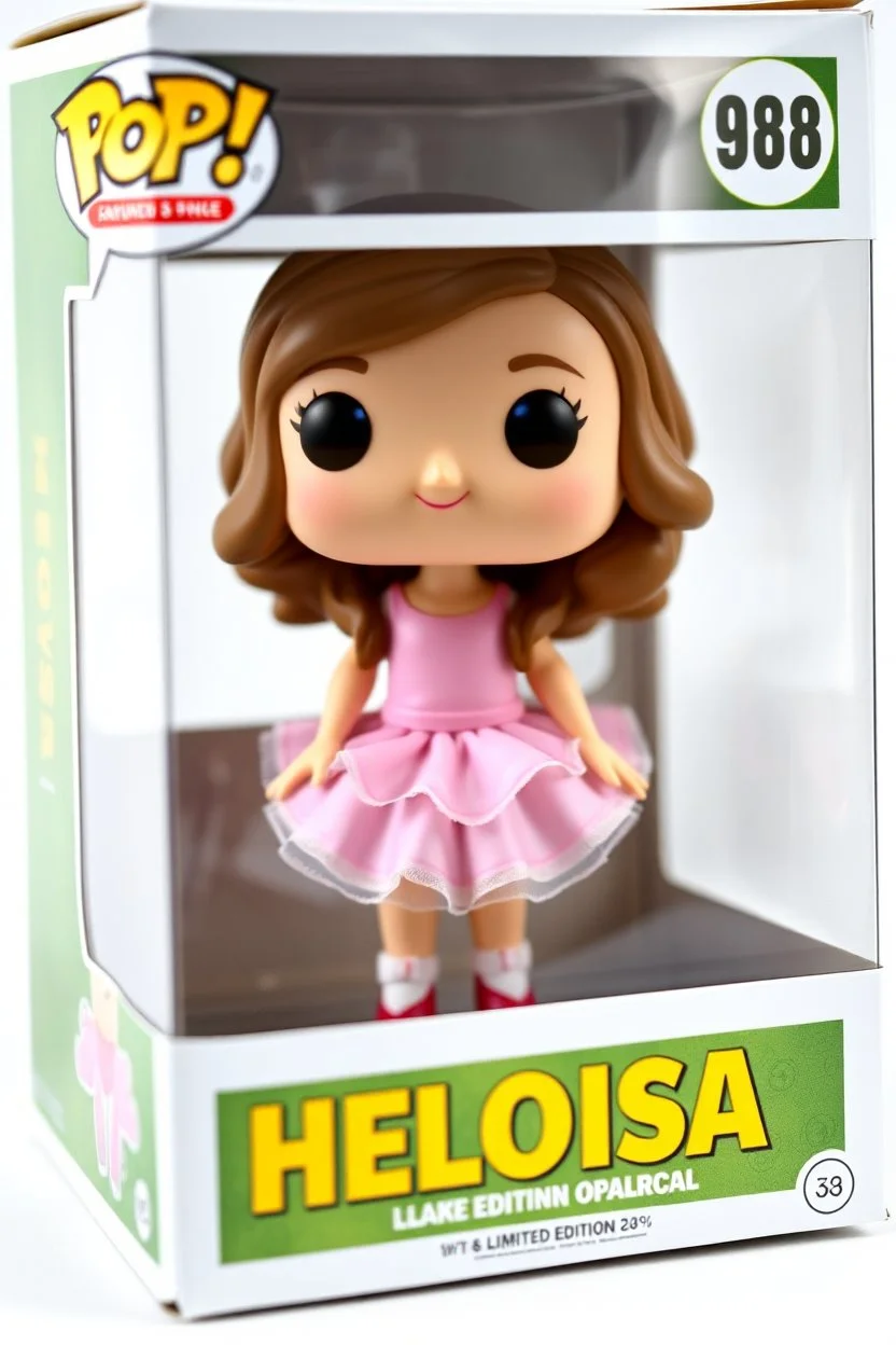 Funko figure of a very young female, smiling, long wavy soft brown hair, wearing a ballerina dress, pink dress, ballet, very cute, ballet pose,. The Funko is displayed inside and outside a limited edition green and yellow Funko box with "HELOISA" text, allowing visibility of the figure, typography, 3D render. White background
