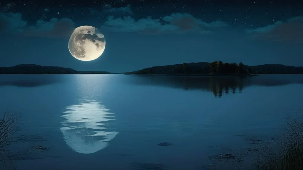 evening atmosphere of calm and solitude, lake + moon, on the horizon