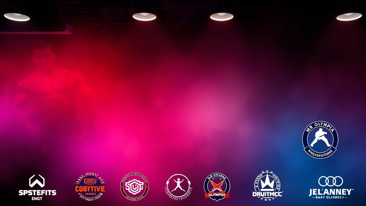A background design suitable for a fitness club with an amazing color theme with several famous sports, fitness, bodybuilding and Mr. Olympia logos at the bottom of the image.