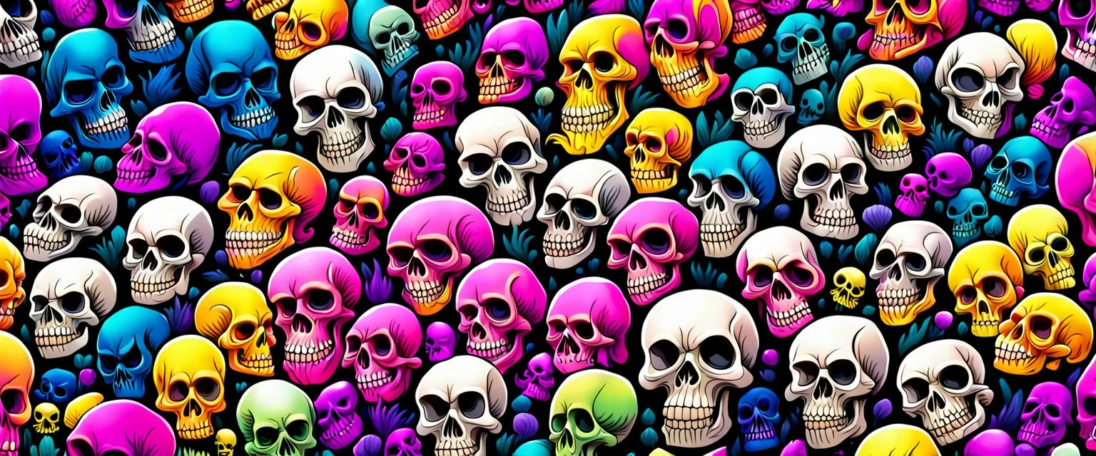 a field of 1000s of cartoonish, anatomically correct, skulls, vivid RANDOM BRIGHT neon colors, dark comedy, well lit, high detail, photorealistic, horrorcore, fun, scary, dead, 100% detail on all drawn, nothing partial or filler, by disney