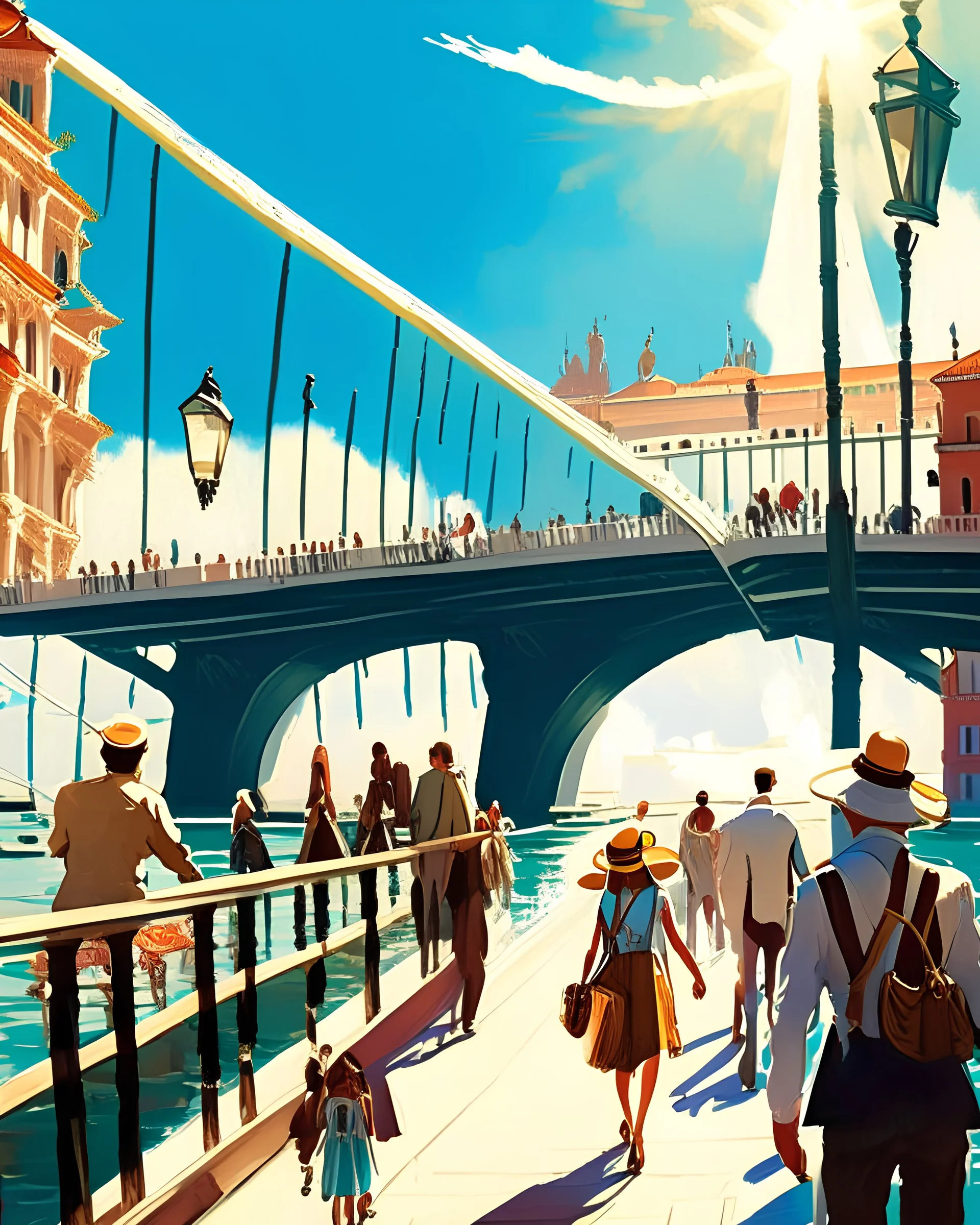 Arte cómic de Venecia Gran Canal puente peatonal gente cielo soleado obra de arte 4k