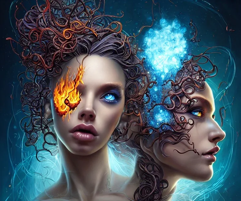 Four doll divine representing each, one of each of the elements of the four elements: Fire: Earth: Air: Water. Four female figures. Mark Brooks and Dan Mumford, comic book art, perfect, smooth elemental galactic space core. Detailed photograph, WLOP, Unreal Engine 5 volumetric lighting Insanely intricate face hair lashes hyper detailed painting by Ismail Inceoglu Huang Guangjian and Dan Witz Central fantasy art album cover art resolution HD