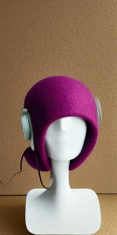 Whole real woman in the image. she has plum-blue-magenta-camouflage mantel and simple orange felt bolero.Felt cloth visor with tippet cobalt blue. SMALL FELT CAP is merged to Old AKG headphones with recognizable Golden rings! cloth materials are denim and felt cloth mixed. Fashion 2023. Colors: Cream white, zinc plate, red ochre, ochre, orange - all mixed. Thick tights. Thick calves. She is in figure from top to toe.