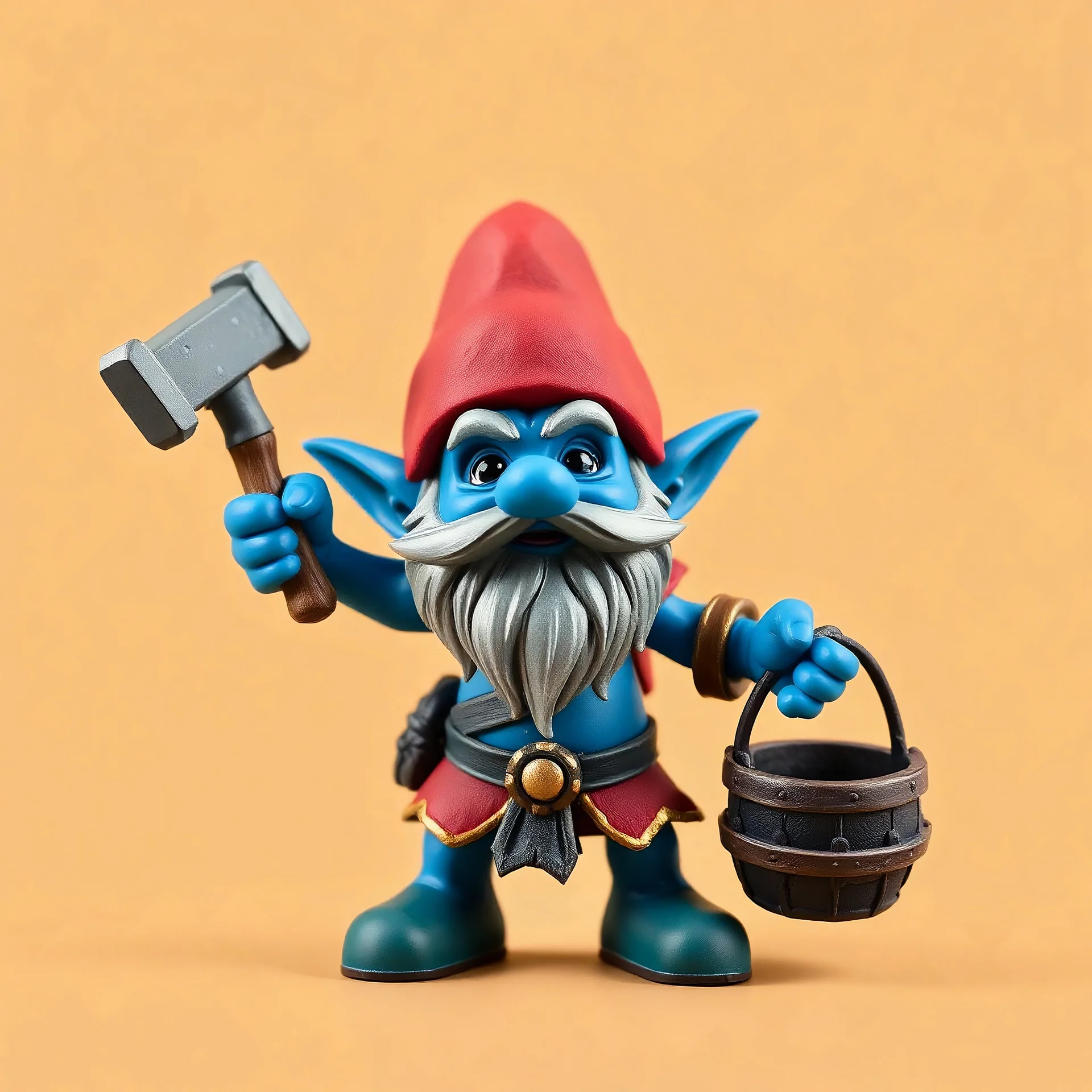 low poly, blueish smurf gremlin dwarf gnome troll miniature model half painted arms outstretched holding battle hammer offering gift, bucket shield background