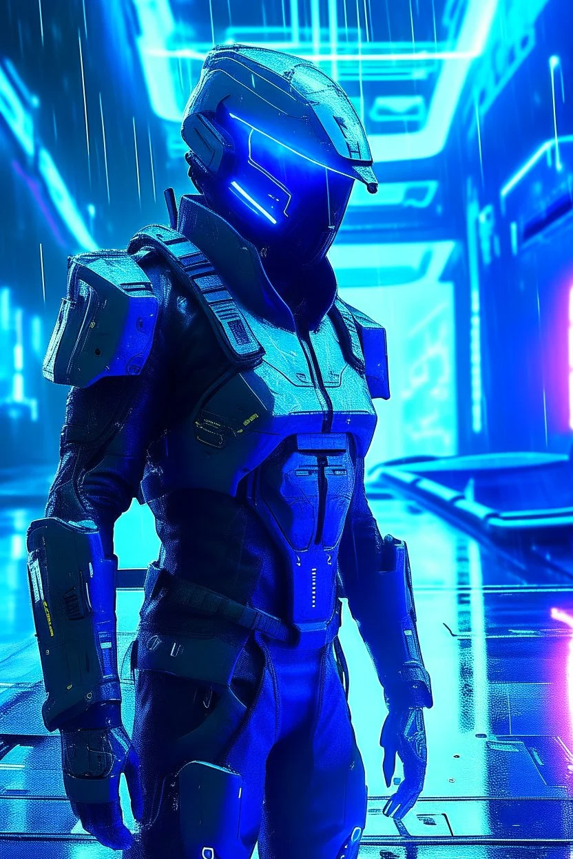 cyberpunk, neon blue, high technology, geometric figures, orbiting figures, cyberpunk suit, black and blue, epic, rain, neon blue suit, geometric figures orbiting around suit, exosuit, male