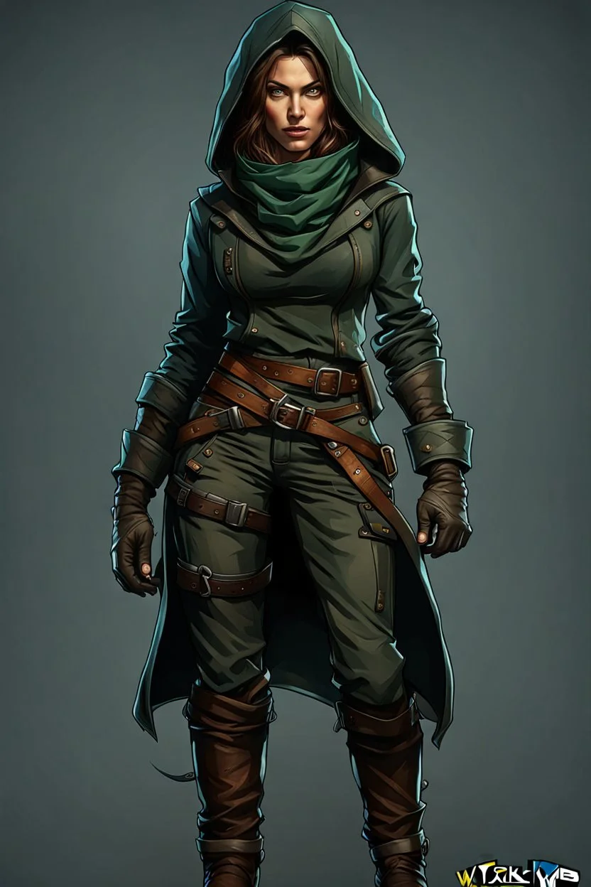 create an iconic female full body ragged rogue thief character illustration with highly detailed facial features in the art style of Wayne Reynolds and Thom Tenery , 8k, ArtStation, DeviantArt