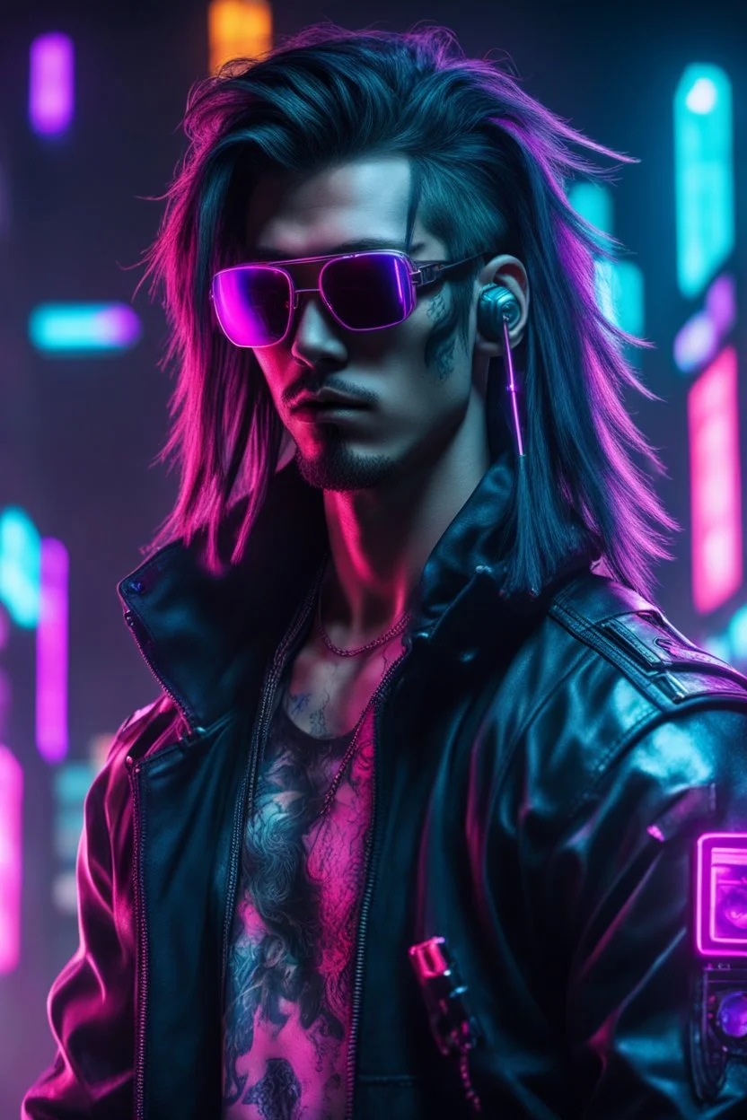 male cyberpunk solo with long hair, korean, Wearing Urban Gang Flash and mirrored dark sunglasses, headaphone, strong cyber warrior, black tatoo, attrakvtive man, Retroanime, rembradt lighting, neon complementary colors, dark vibe, scifi