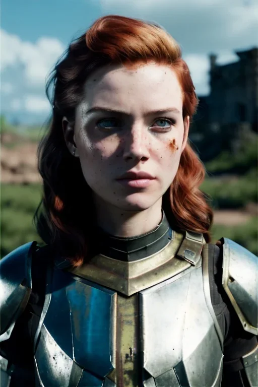 ultrarealistic, ruined city,__Rifts armor__, __angles__, 19 year old woman, strikingly beautiful, ginger hair, silver colour, [__starlets__|__starlets__], (pale __skincolor__ skin:1.2), __camera__, _hair_, detailed face and eyes, medium breasts, leather choker, freckles, dynamic pose, resolved expression, __accessory__, strappy outfit, (straps:1.1), sword in scabard on left hip, (buckles, buttons, snaps, rings:1.0), haltertop style breastplate, detailed eyes, plump lips, sci-fi theme