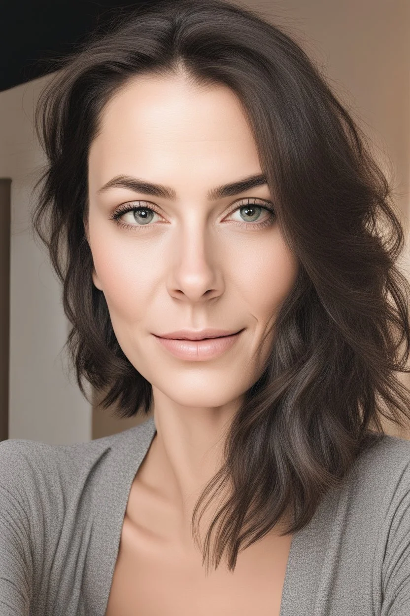 A selfie of a brunette woman, middle short hair taken at spa salon. showing incredibly beautiful extremely attractive 37-year-old European woman. (She has white skin, tousled black hair, pretty face without makeup, big round brown eyes, cute profiled nose, detailed full lips.)