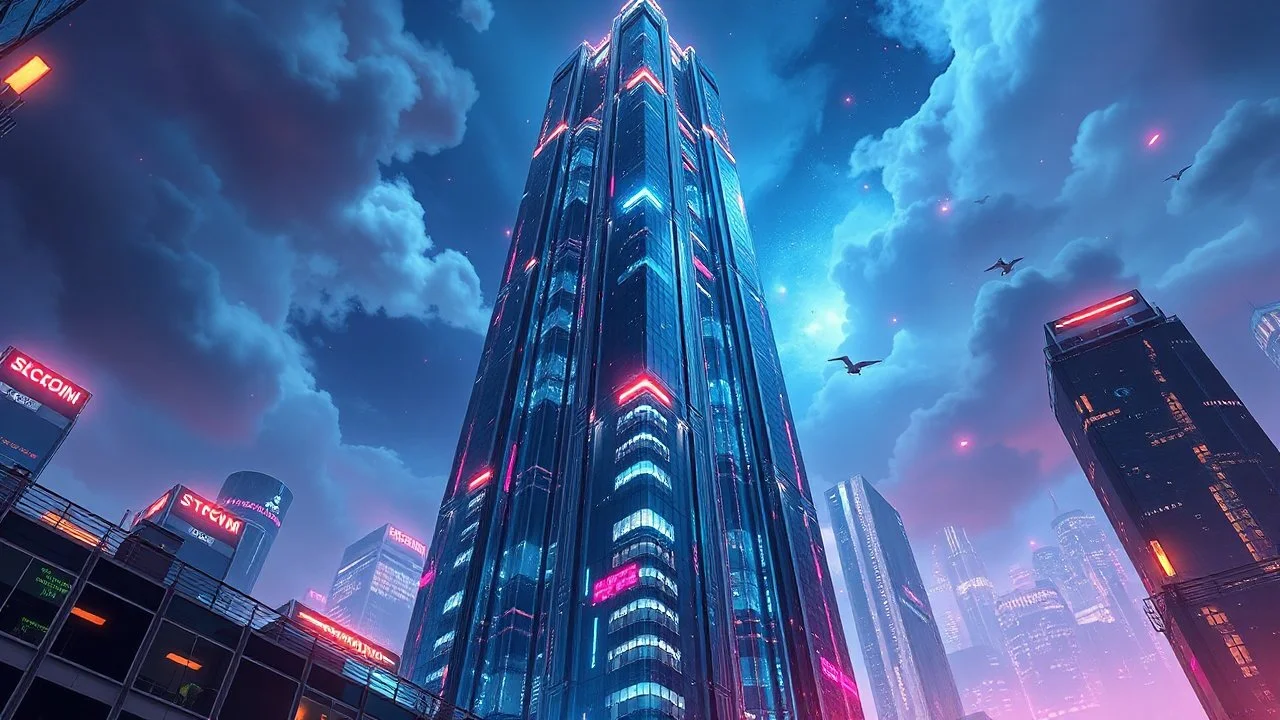 Panfuturism, a mesmerizing concept depicted in a stunning digital painting, showcases a futuristic world filled with advanced technology and sleek, streamlined architecture. The central focus of the image is a towering, metallic skyscraper with intricate neon accents and holographic displays shimmering in the air. Reflective surfaces catch the light, creating a dazzling array of colors that evoke a sense of innovation and progress. The level of detail in this image is truly remarkable, drawing v