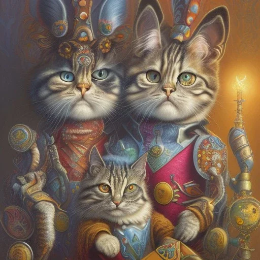 prompt, Fantasy harlequin cats by Louis Wain, by Catherine Abel, by Gediminas Pranckevicius, fantasy, oil on canvas, beautiful, high details, ultra detailed, crisp quality, colourful, high definition