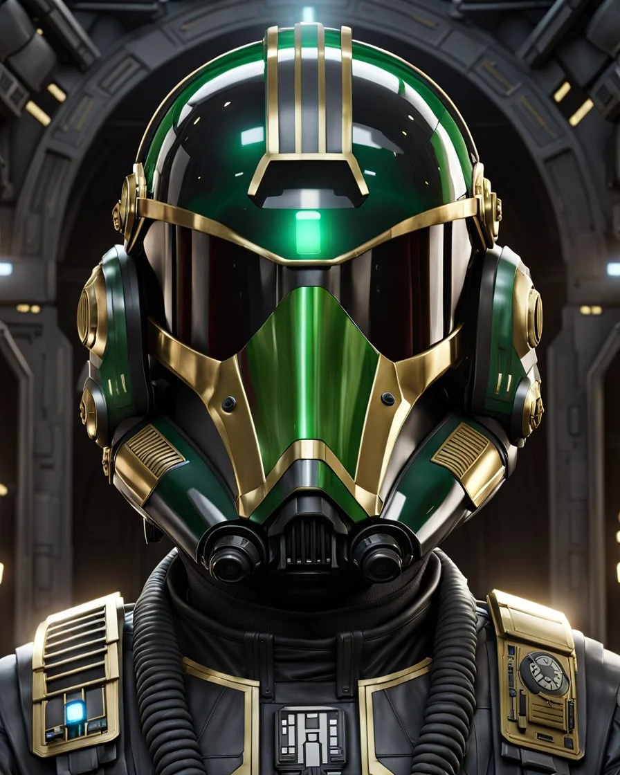 star wars bald male corellian pilot wearing black and bright gasoline green First Order special forces TIE pilot commando armored flightsuit and helmet with gold trim inside the jedi temple, centered head and shoulders portrait, hyperdetailed, dynamic lighting, hyperdetailed background, 8k resolution, volumetric lighting, light skin, fully symmetric details