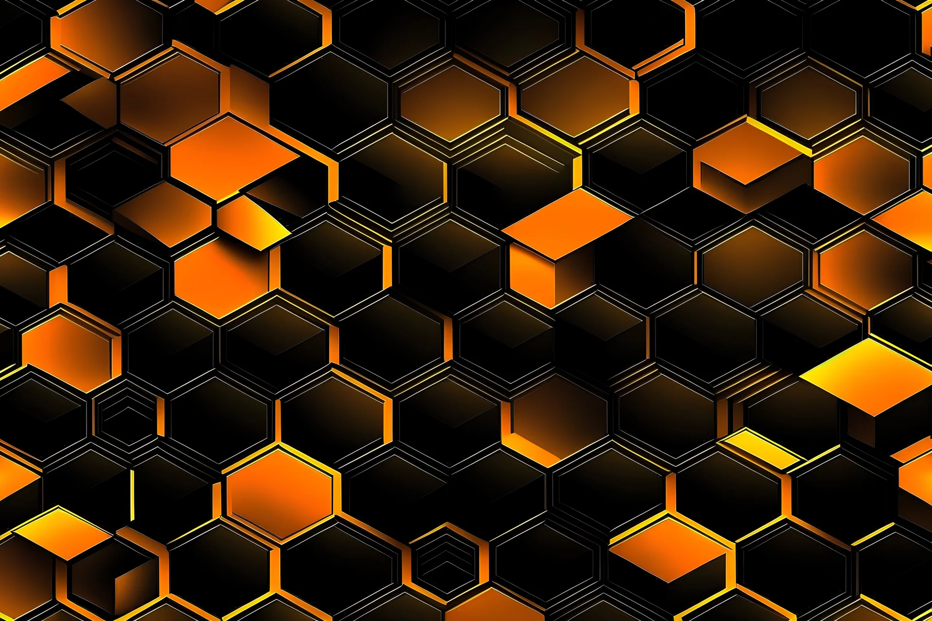 illustration, orange elements, black background, hexagons