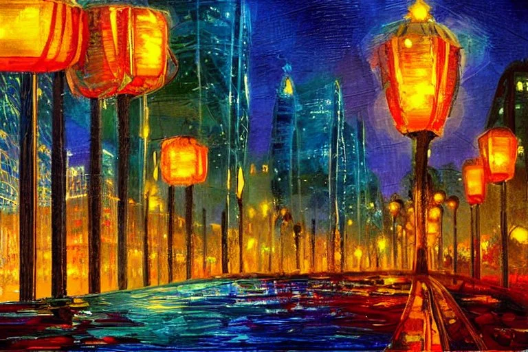 Night, lanterns, futuristic buildings near trees, highway, sci-fi, impressionism painting