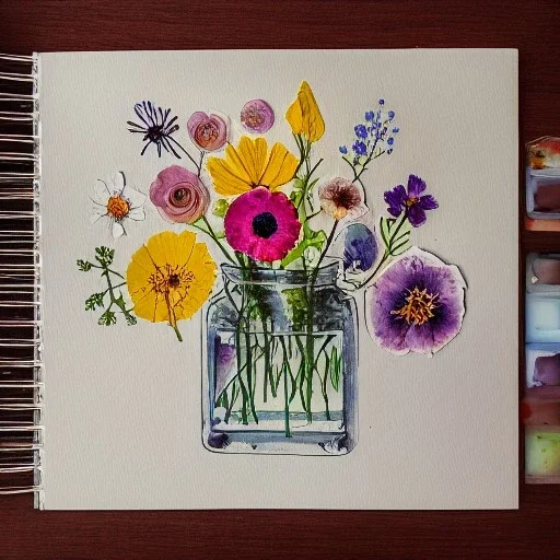 delicate arrangement of pressed flowers, beautiful composition, aesthetic layout, wildflowers, watercolor