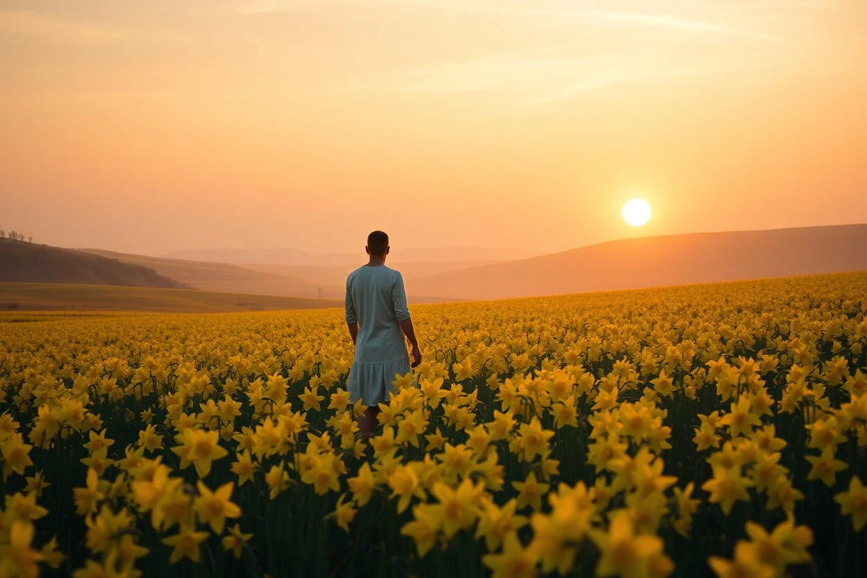 A vast, tranquil landscape bathed in the golden glow of a spring sunset, with a sea of daffodils stretching across rolling hills under a soft, pastel-colored sky. The flowers sway gently in a soft breeze, creating a vibrant, dream-like ocean of yellow against the serene background. close up on A solitary figure, perhaps a poet or dreamer, stands in awe at the beauty, their presence almost blending with the natural scenery. The atmosphere is ethereal, with surreal lighting