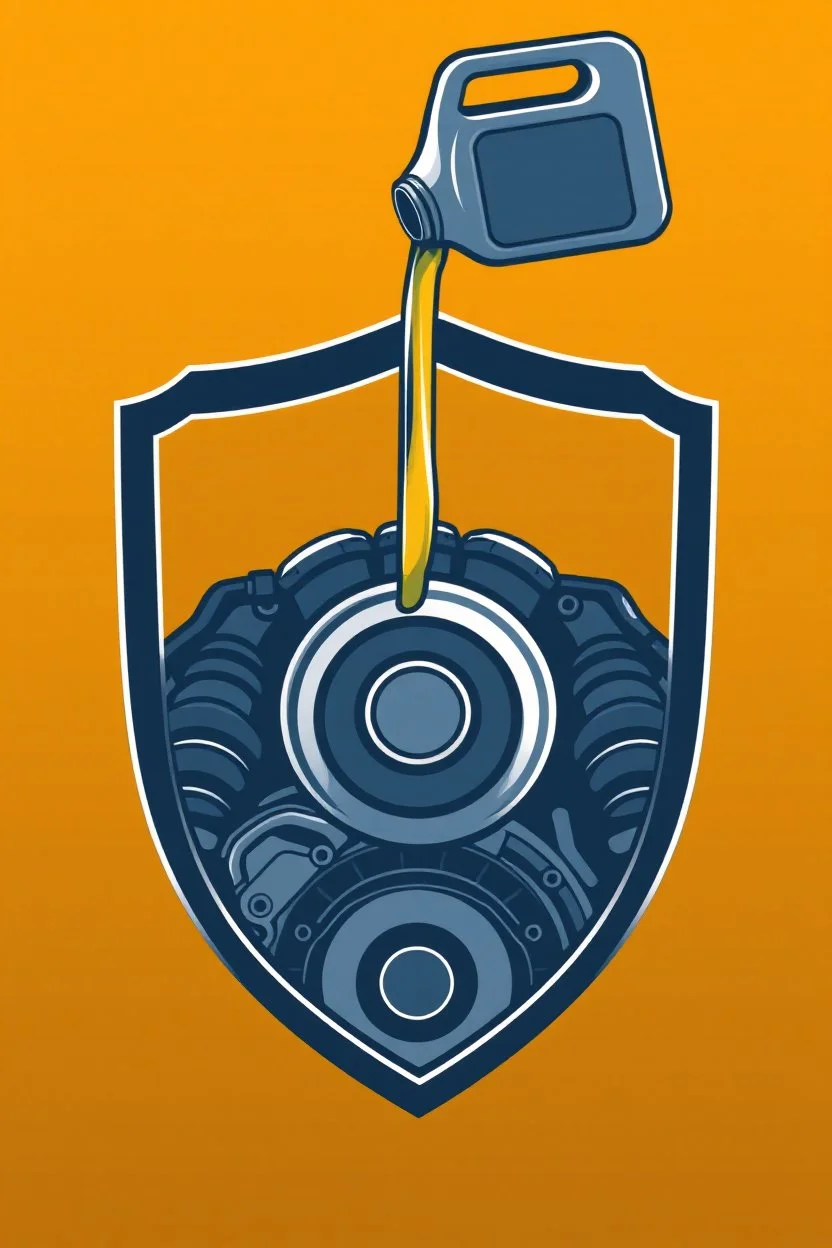 inside a parks shield shape, front of a car engine icon with fan and belts, with a 1litre oil bottle above pouring oil into oil hole of the engine, vector illustration