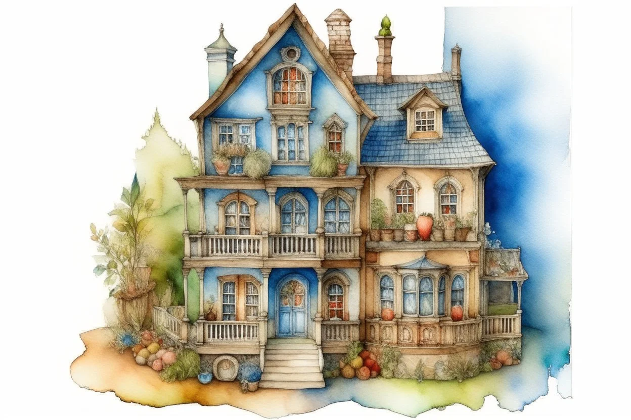 a dollhouse. watercolor drawing