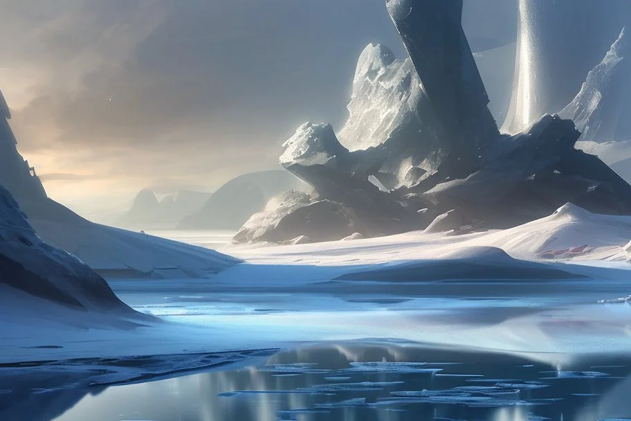 ice, lagoon, seashore, distant futuristic city, epic, sci-fi