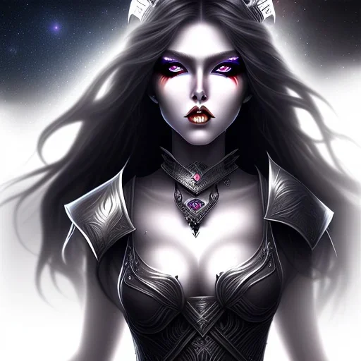 black long hair lady warrior top with black eyes under the Stars