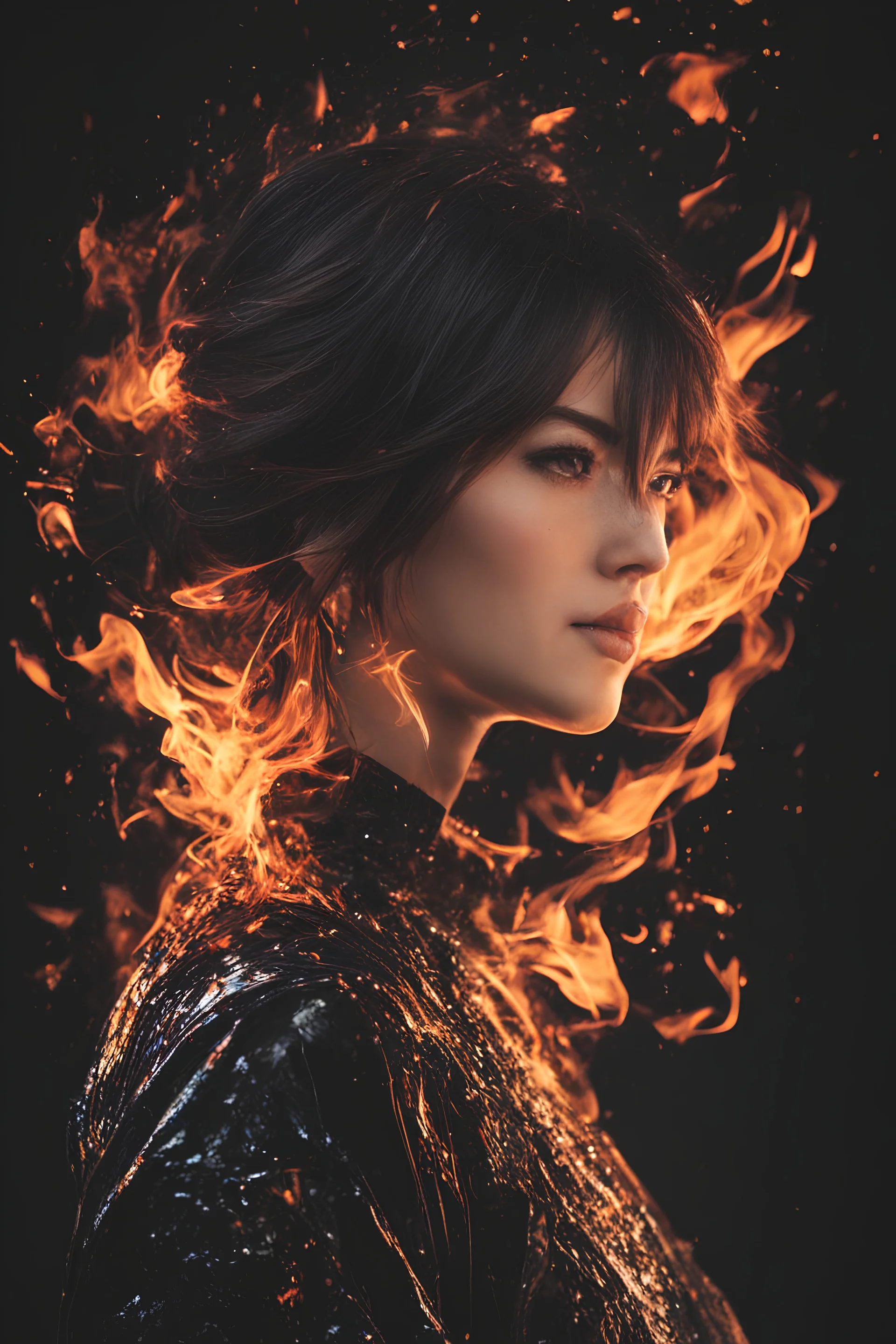 abstract anime, portrait of woman, burning edges, Sony Alpha, a7R IV, 35mm, f/2.8 GM, black background