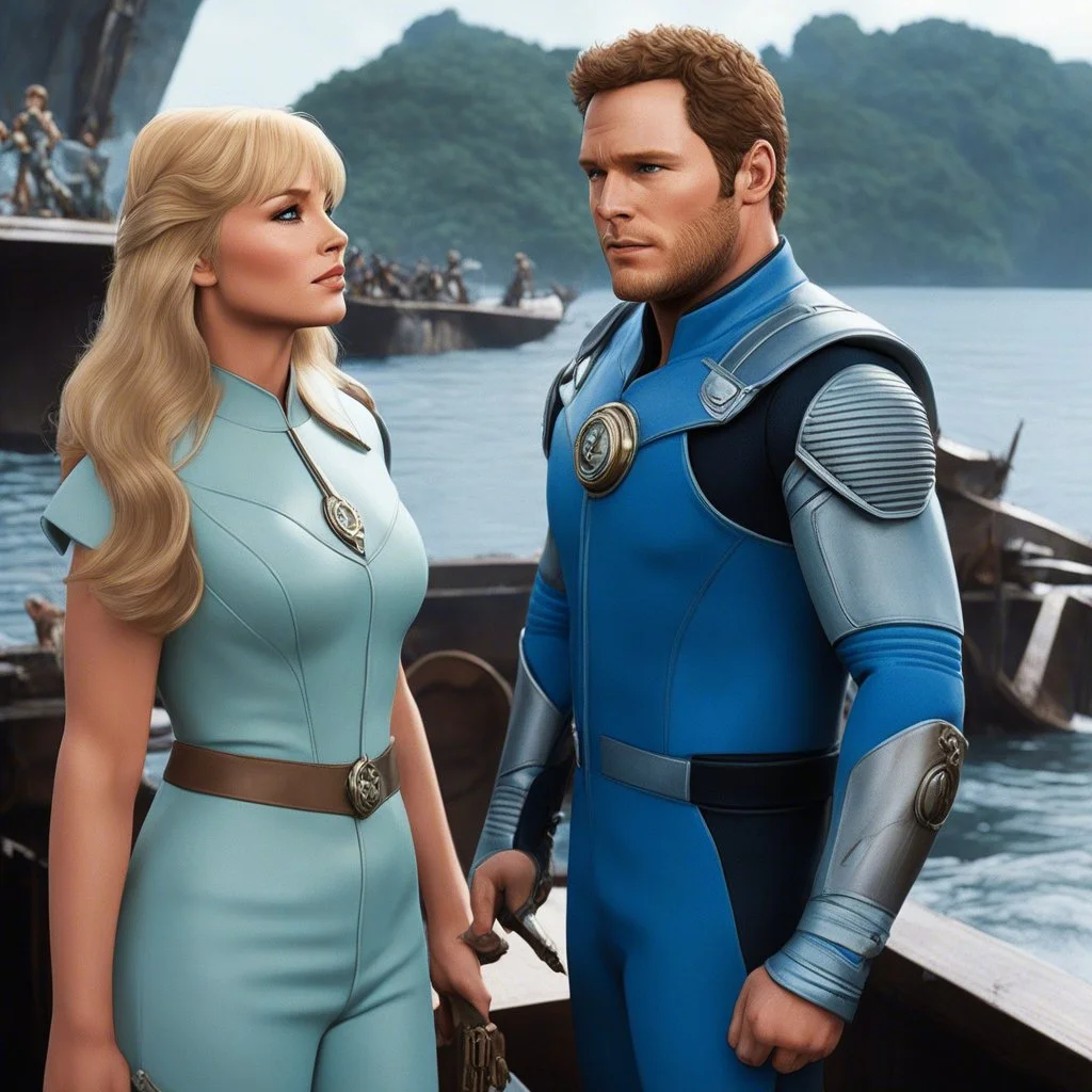 [Velrian and Laureline's universe of Jean-Claude Mézières (1967)] Chris Pratt as Kael Dravan tightened his uniform clasp while scanning the crowded dock, a tide of alien species pouring through the bay. At his side, a youthful Heather Thomas plays Lyra Vey listened intently, her gift for finding order in chaos keeping them steady amid the shrieks, scents, and psychic echoes. Around them bustled Shingouz, Syrtesians, and towering Omelites, all moving within the vast, living heartbeat of Point Ce