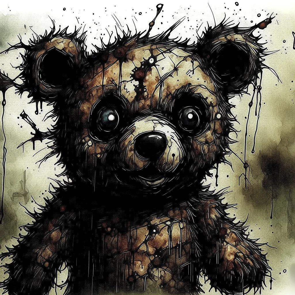 teddy bear dystopia, horror art, surreal, gritty ink illustration