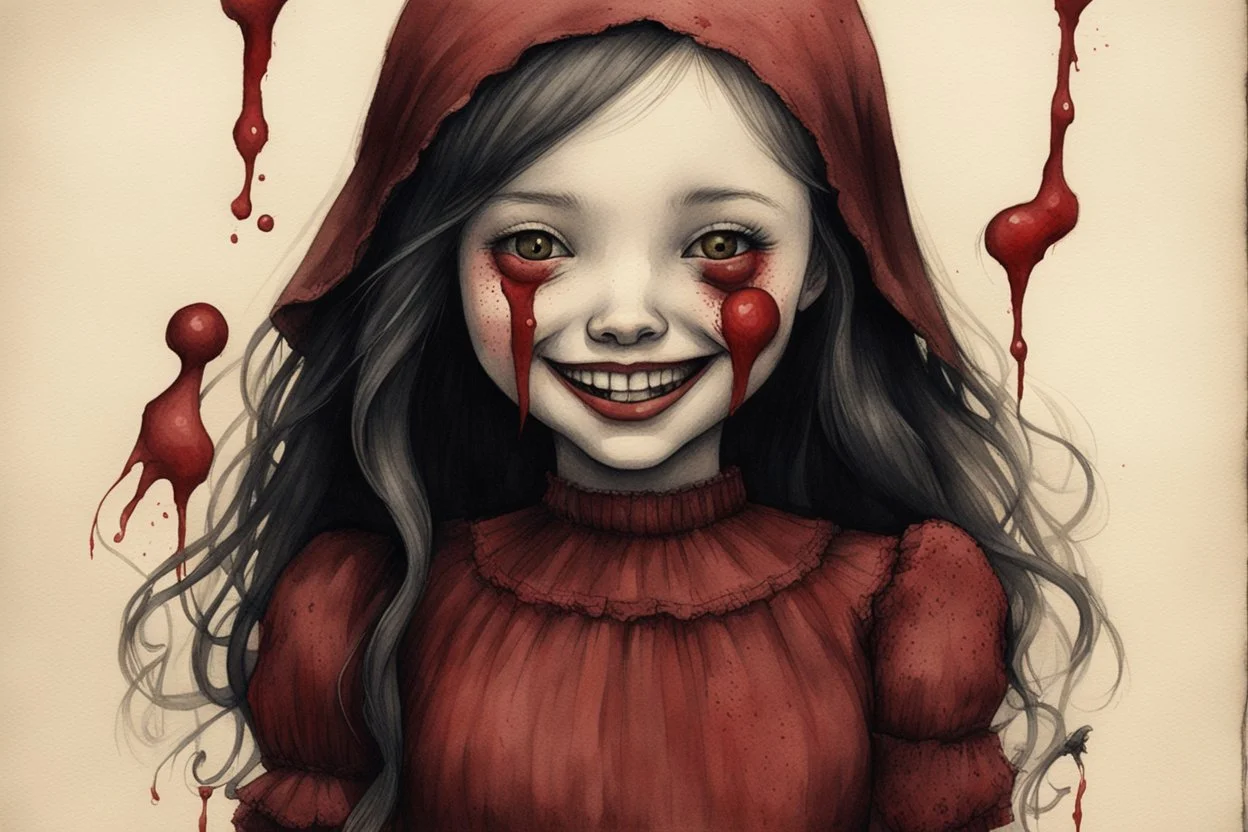 body anormal, smile blood, girl cute, watercolor illustration by <John Kenn Mortensen>, darkred tones,