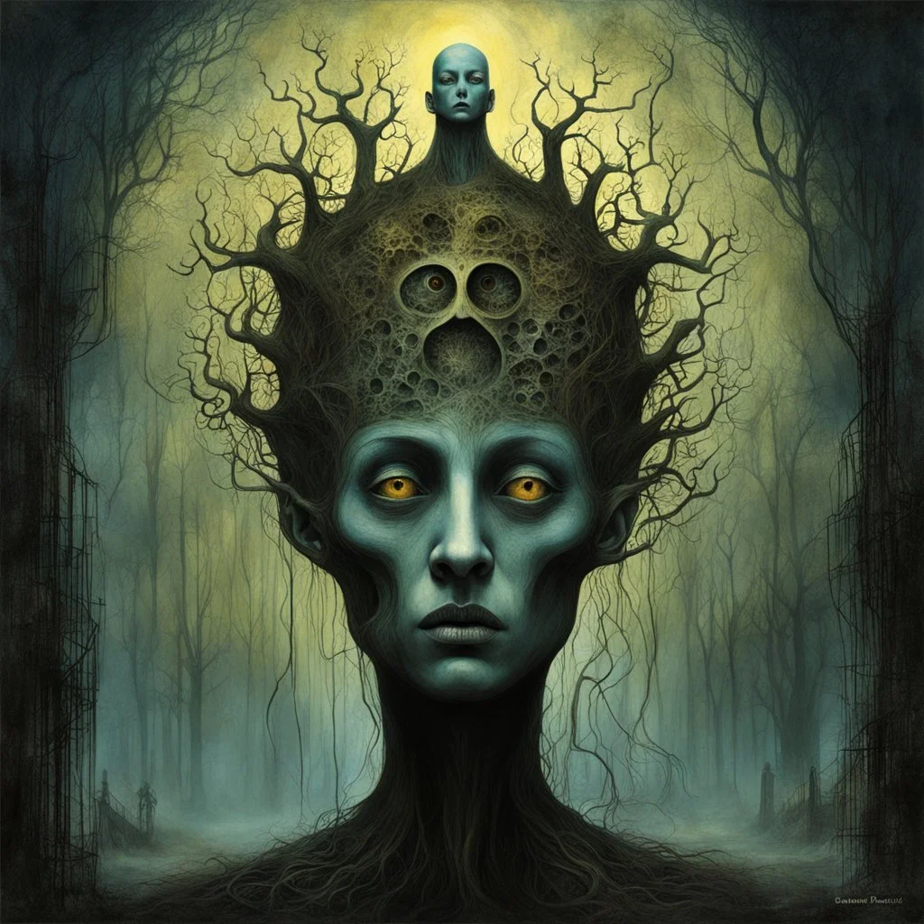 Abyss of organic and mechanical forms, in admiration of horror, Gabriel Pacheco and Zdzislaw Beksinski deliver a surreal horror masterpiece, rich colors, sinister, creepy, sharp focus, dark shines, asymmetric, additional surreal style by Desmond Morris