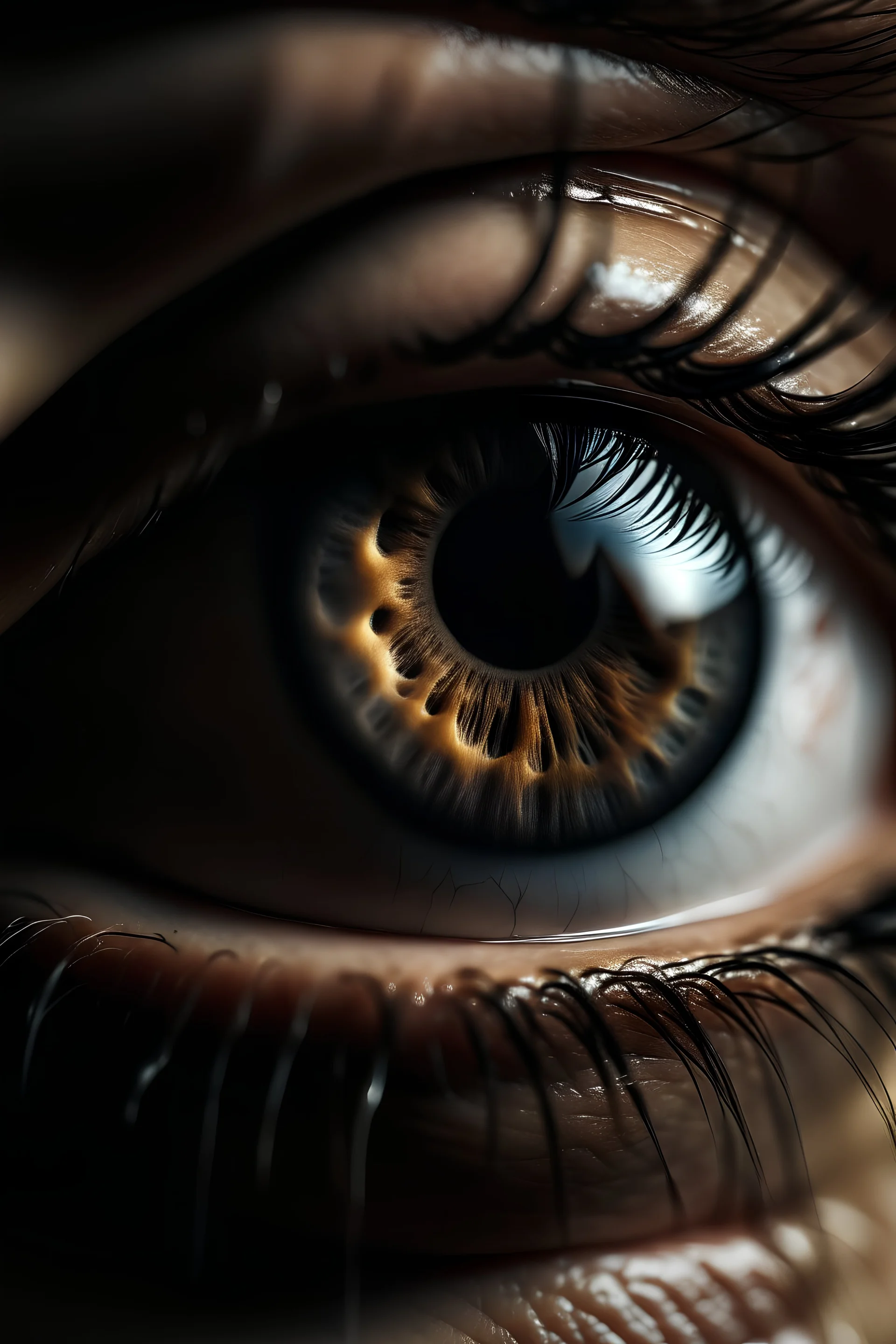 صورة سنمائية مجسمة لعين الانسان مع دمع خفيف في الحدقة