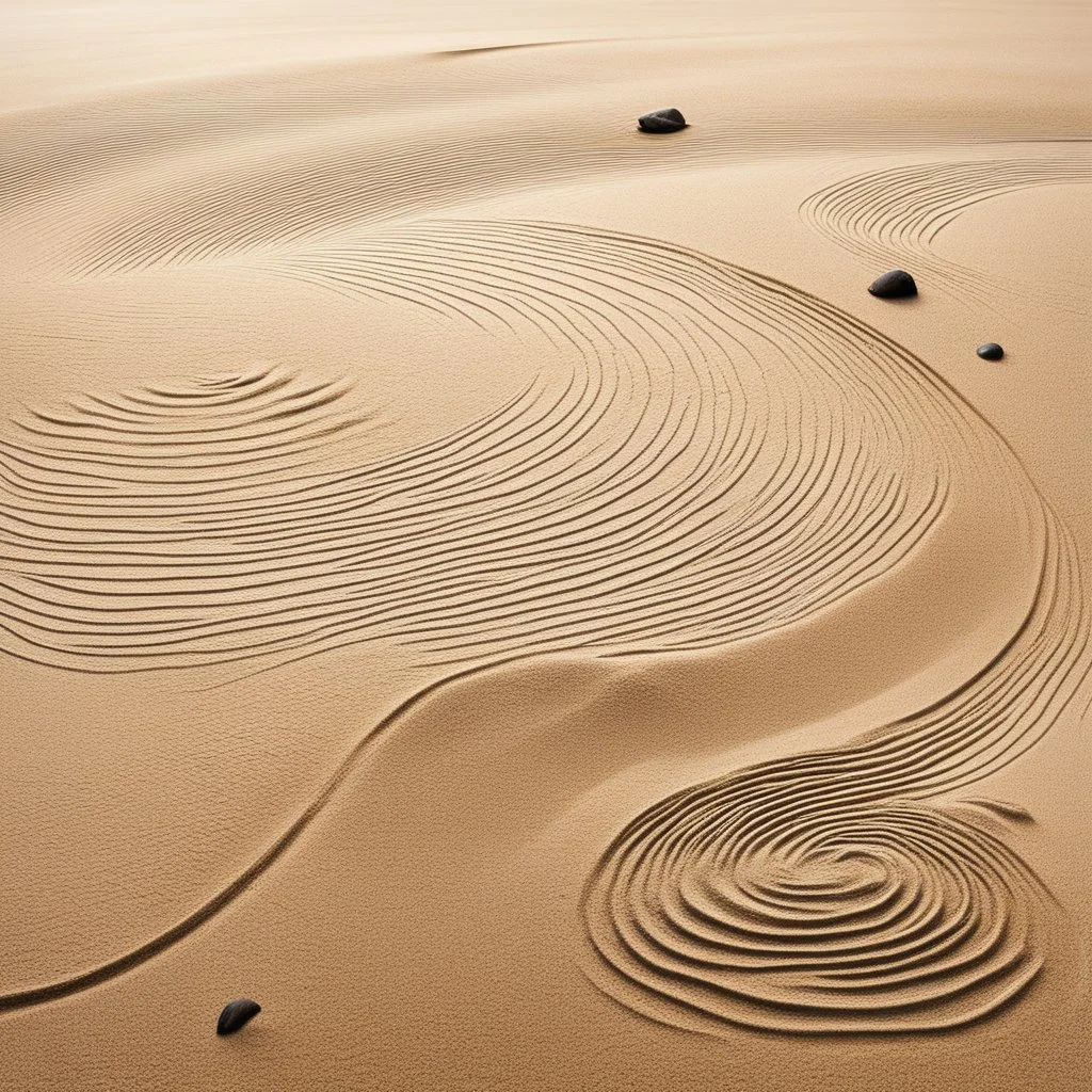 a zen garden made of sand, lines in the sand are soft like waves, a large fish, drawn by an invisible traditional calligraphy brush, with expressive line, ink washes, swim in the air, symbol of contemplation and renewed soul