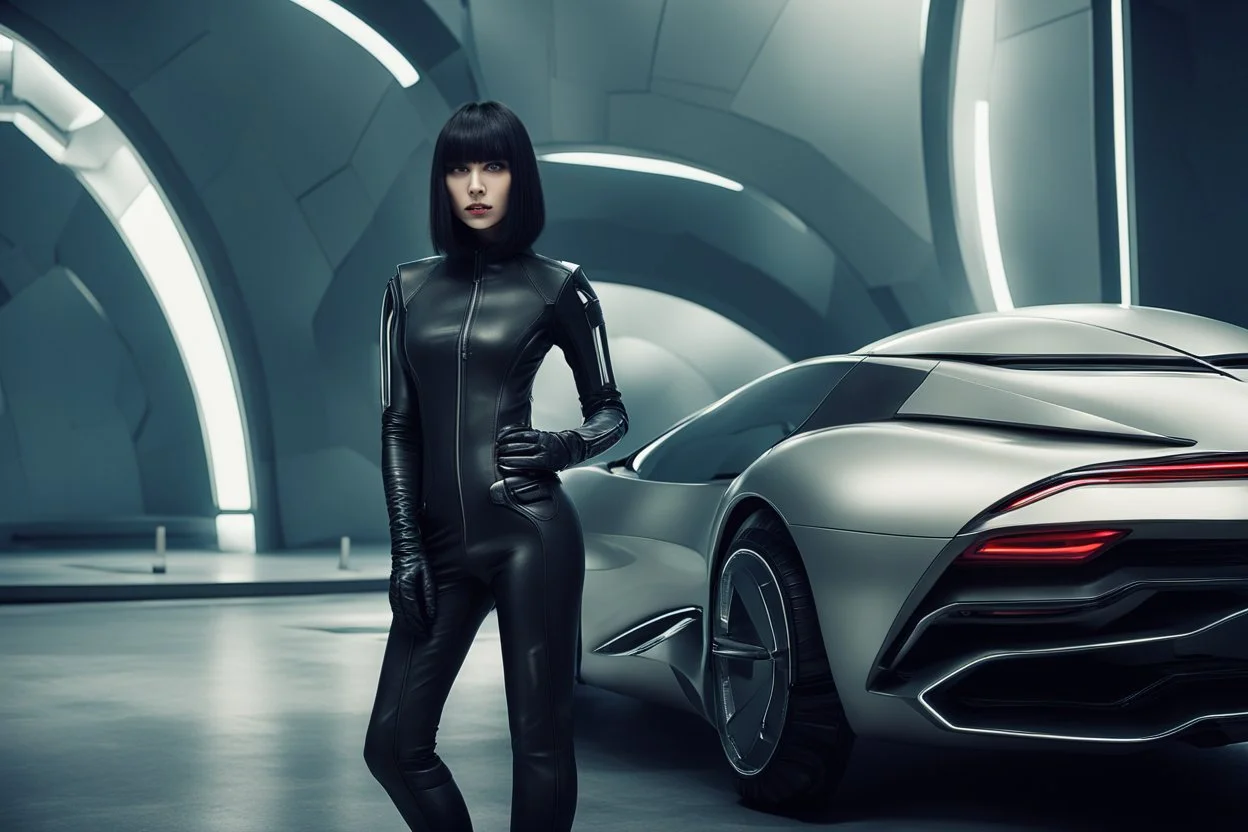 A Full-Length Pale Dark-Haired Woman With A Straight Bob Hairstyle With A Fringe, In A Futuristic Leather Outfit, And Gloves, Standing Next To A Futuristic Car, in a futuristic city