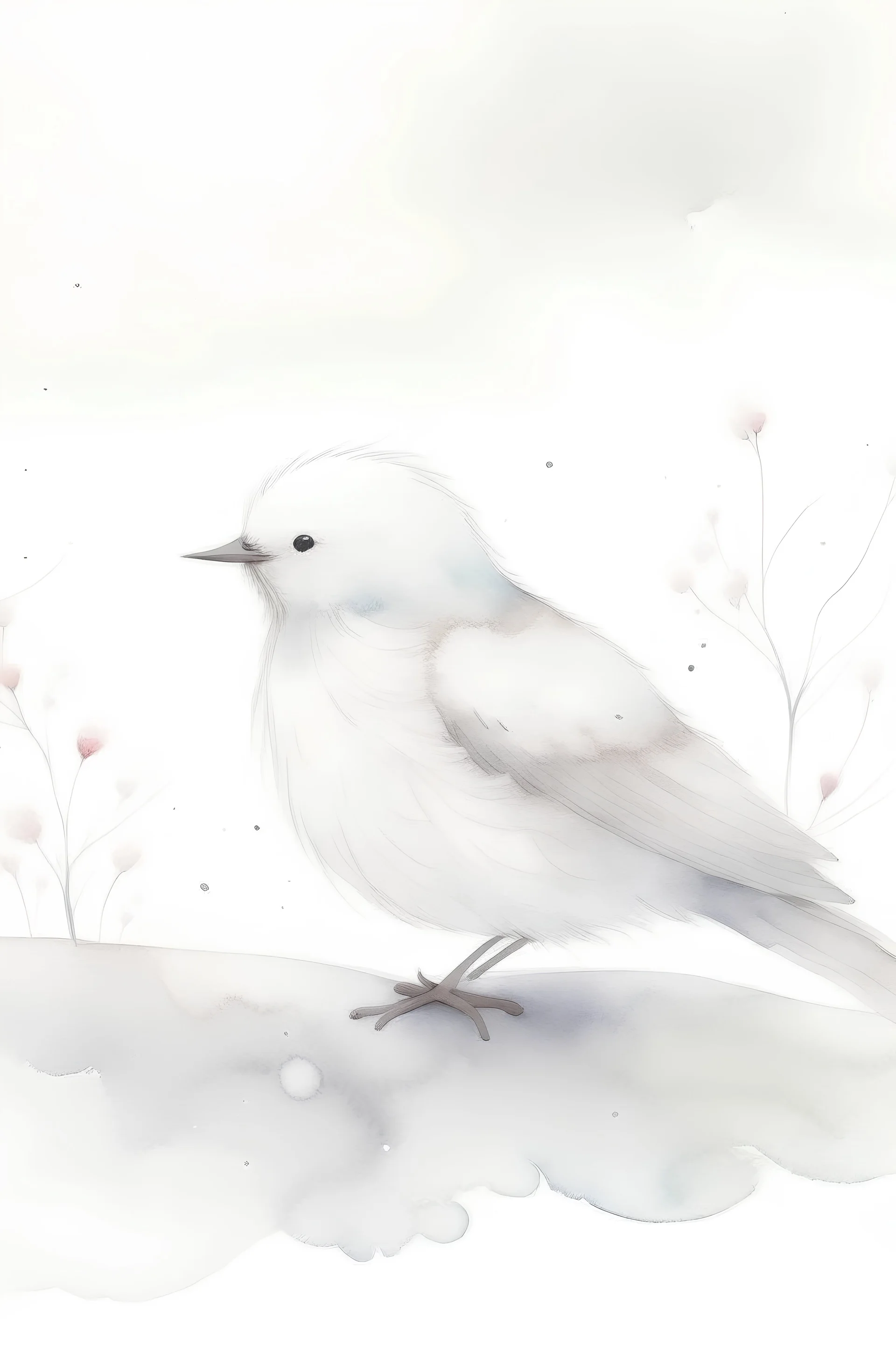 Watercolour of fluffy white bird in winter, minimalistic, soft colours, pastels, snow falling, realistic, negative space