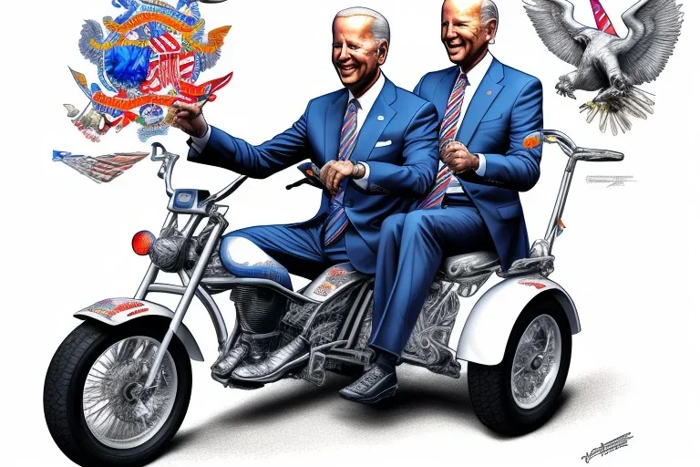 true-to-life pencil and color marker portrait of realistic joe biden riding a tricycle, with an extra set of carrying wheels and rollcage for safety, by kim jung gi