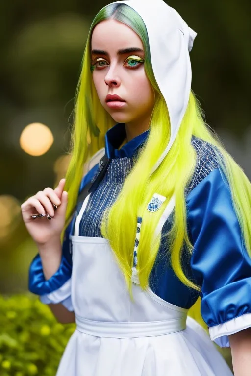 Billie Eilish, Maid Costume, high detail, realistic, 8k, not to be distinguished from a photo, identical pupils