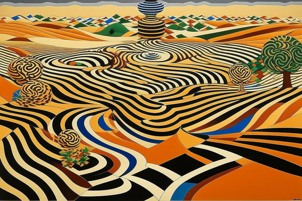A tan desert with a twister designed in Chinese paper art painted by Victor Vasarely