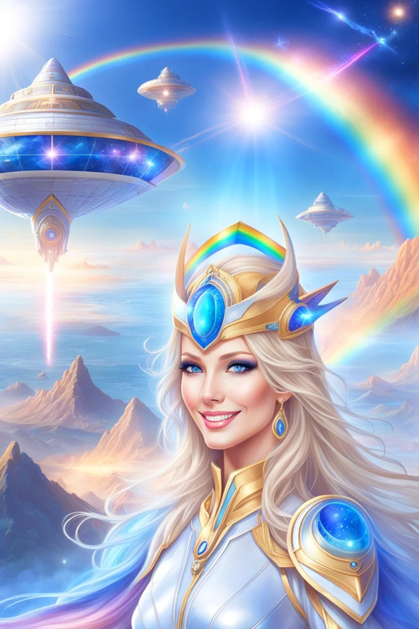 cosmic woman smile, admiral from the future, one fine whole face, crystalline skin, expressive blue eyes,rainbow, smiling lips, very nice smile, costume pleiadian, Beautiful tall woman pleiadian Galactic commander, ship, perfect datailed golden galactic suit, high rank, long blond hair, hand whit five perfect detailed finger, amazing big blue eyes, smilling mouth, high drfinition lips, cosmic happiness, bright colors, blue, pink, gold, jewels, realist, high,rainbow commander