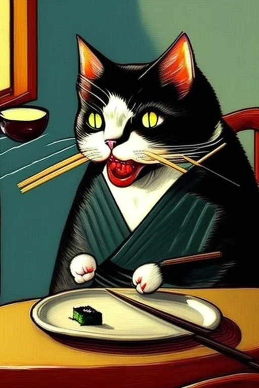 Cat eating sushi. Painting style of Edvard Munch