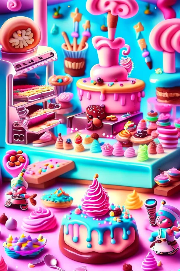 surrealistic image of toys baking and decorating delicious treats in a toy-sized bakery. You can have toy chefs decorating cupcakes, rolling out dough for cookies, and frosting cakes. Surround them with an assortment of mouth-watering pastries and candies.