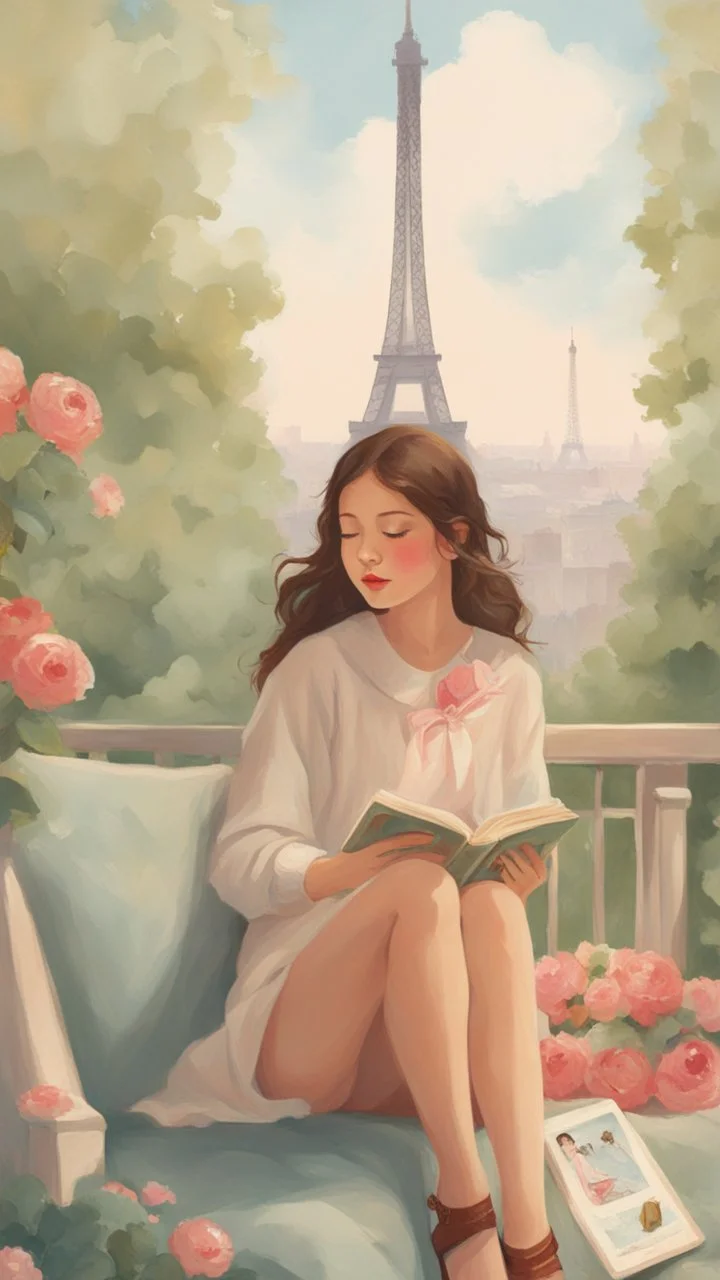 a painting of a girl in front of the eiffel tower, paris background, portrait of paris, romance book cover, cute storybook illustration, french girl, with eiffel view, by Lü Ji, paris, eiffel tower, promotional poster art, as a tarot card, a beautiful artwork illustration, romanticism art style, children's book cover, nouveau painting, infp girl