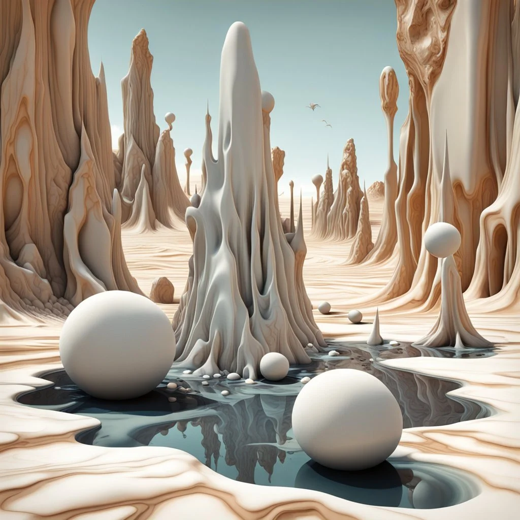 Dark, creepy, 3d, marble-like, surreal objects in a bright environment, desert, noon light, melting cream, Yves Tanguy style