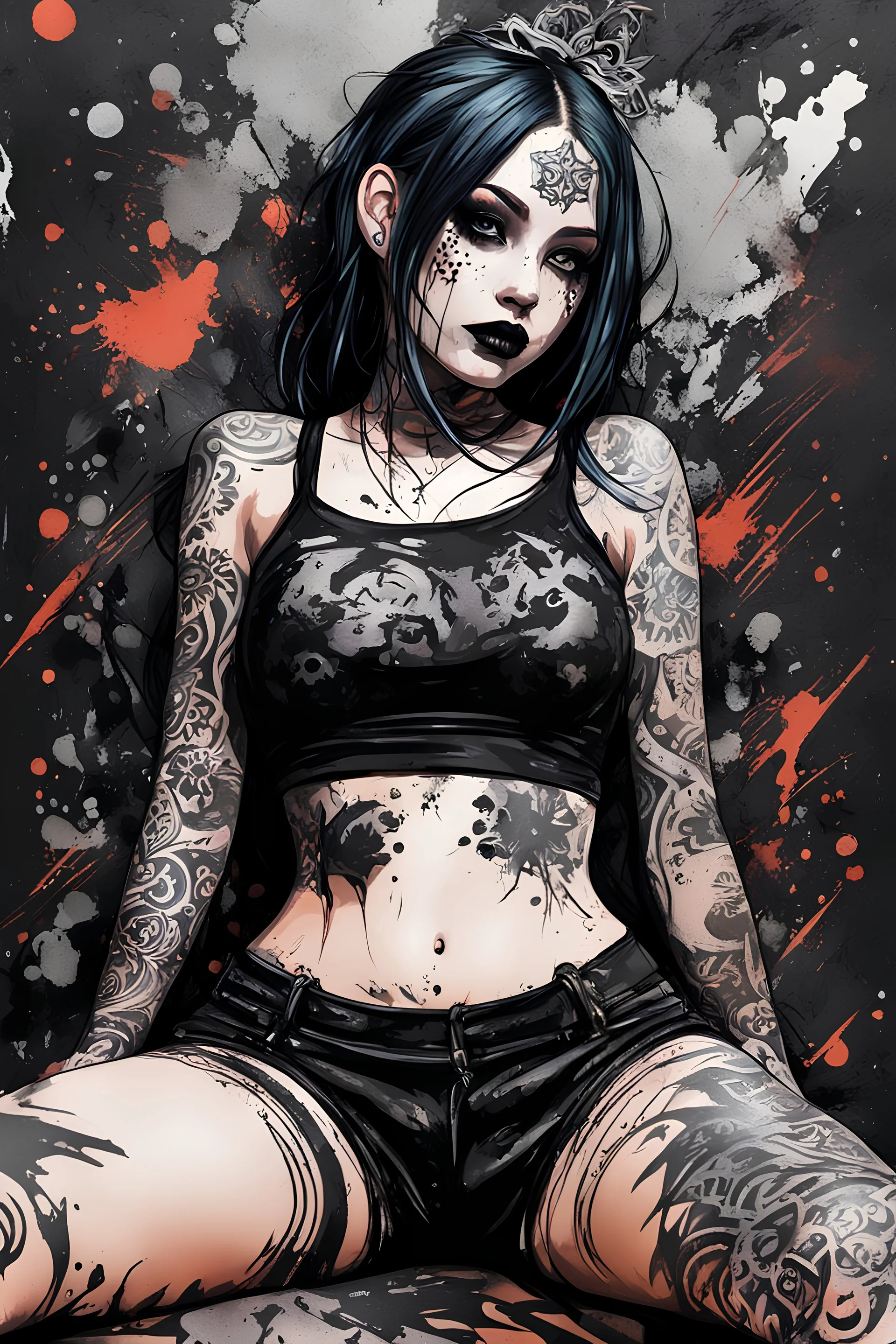 Petit girl goth many tattoos on his body, lying pose, halfbody, PAPERCUT style portrait multi layered metalics and rough texture paint splashes and streaks and blotches industrial