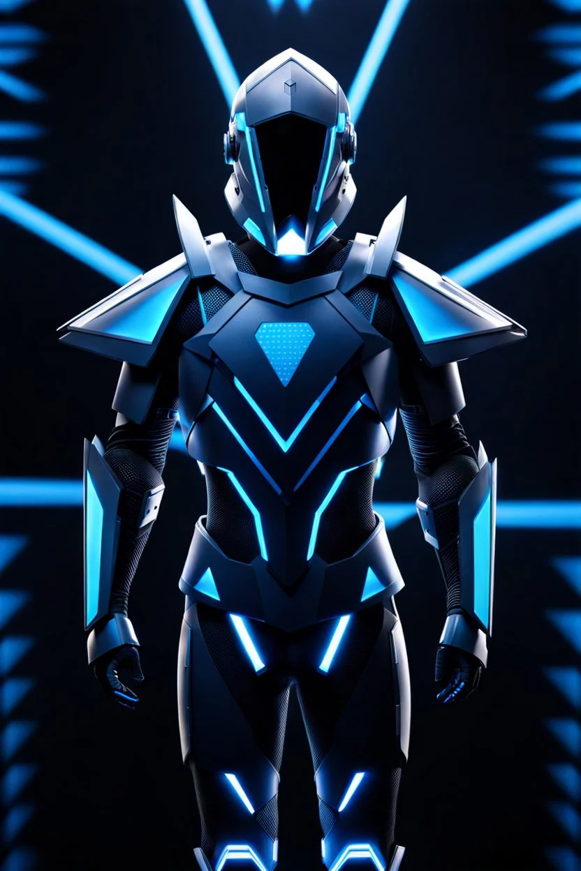 neon blue, floating parts of armor in form of light triangle orbiting behind the back, cyber armor, geometric patterns on armor, male, orbiting triangle