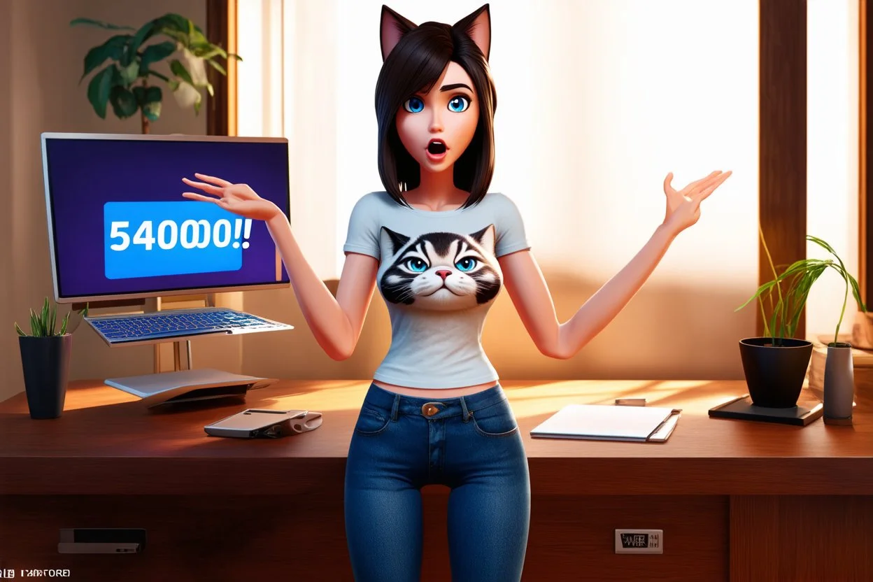 3D video game character, brunette woman with blue eyes in t-shirt with a cat head on it, blue jeans, standing happily shocked looking at a computer on a desk, there is a sign on the monitor "54000!!!" in an elegant modern room in sunshine