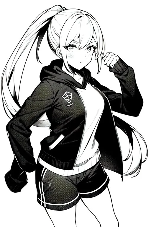 blonde girl with ponytails dressed in a jacket and shorts walks briskly, greyscale