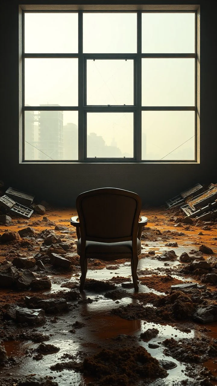 A chair rear view facing a wall with big window behind it a landscape covered in sulfur and sludge that looks futuristic with futuristic lighting, realistic rendering
